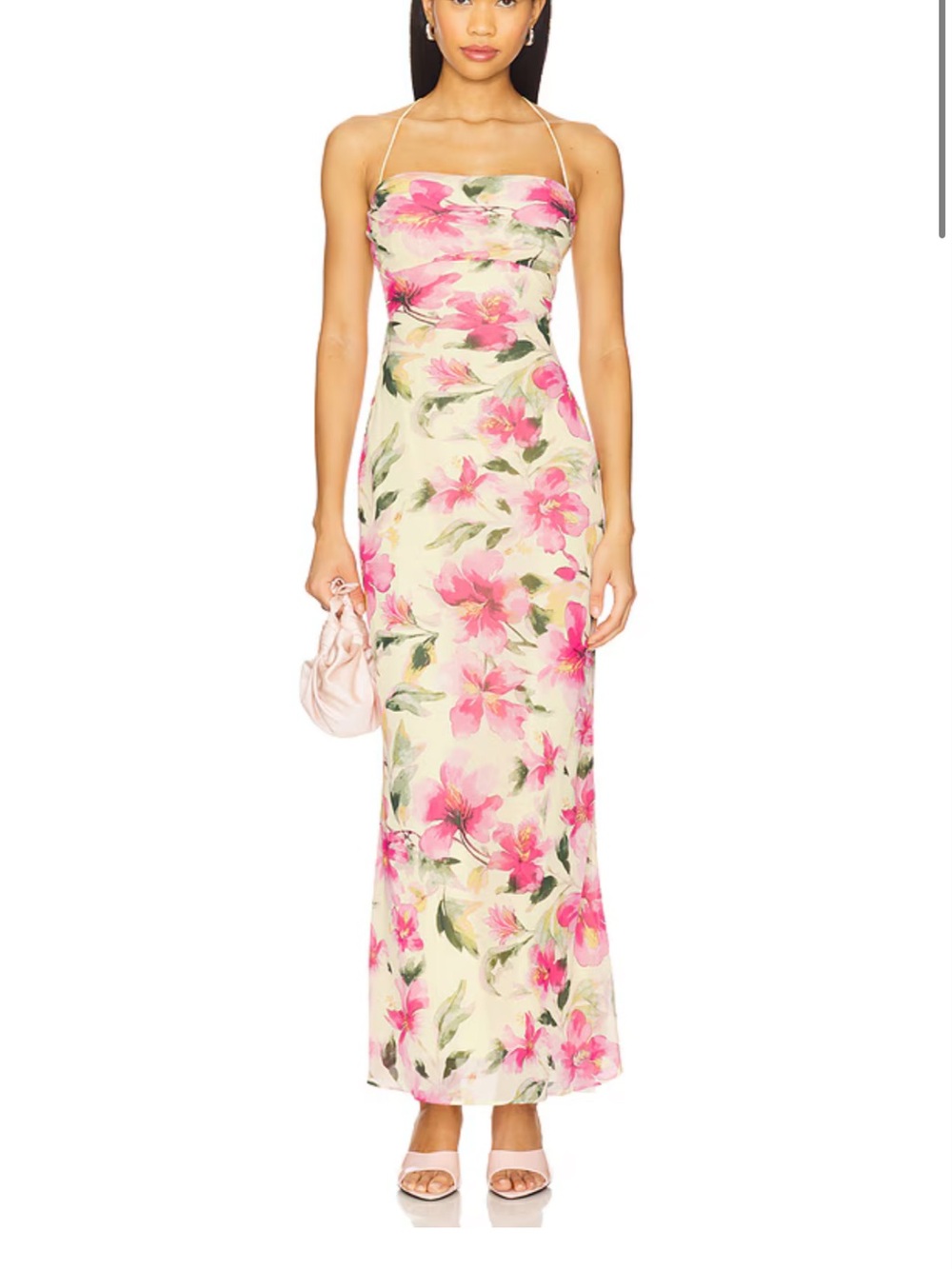 Floral Spaghetti-Strap Maxi Dress in Pink and Cream